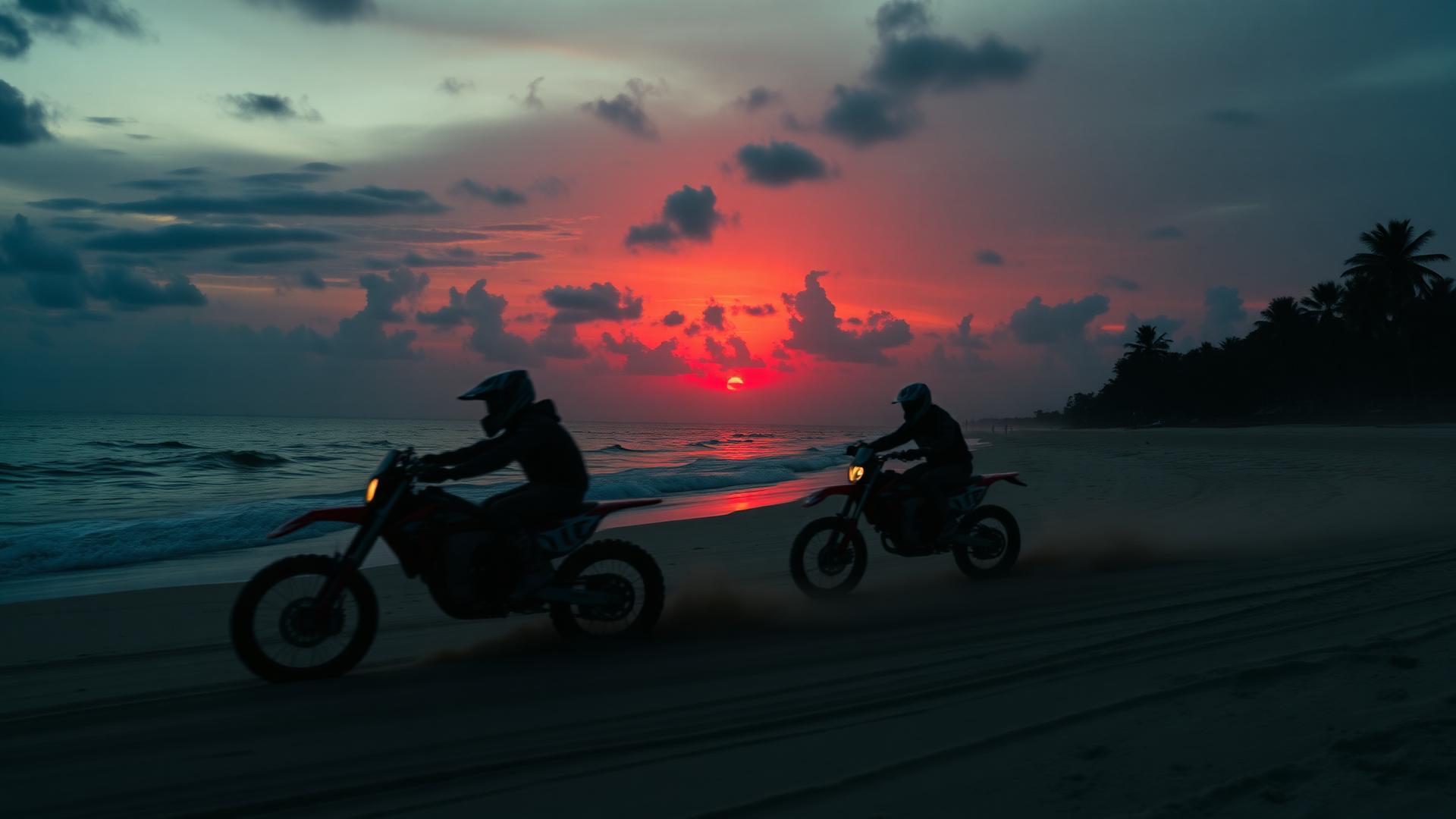 Pilotos de motocross en una playa caribeña al atardecer