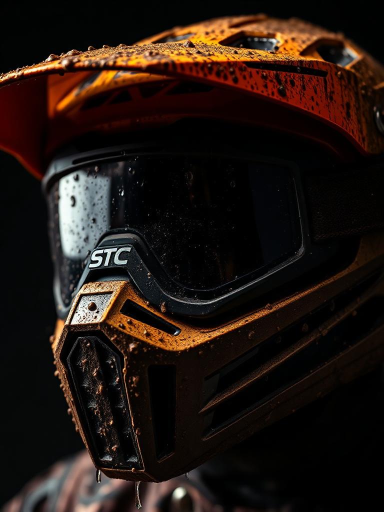 Detalle de casco de motocross con lodo