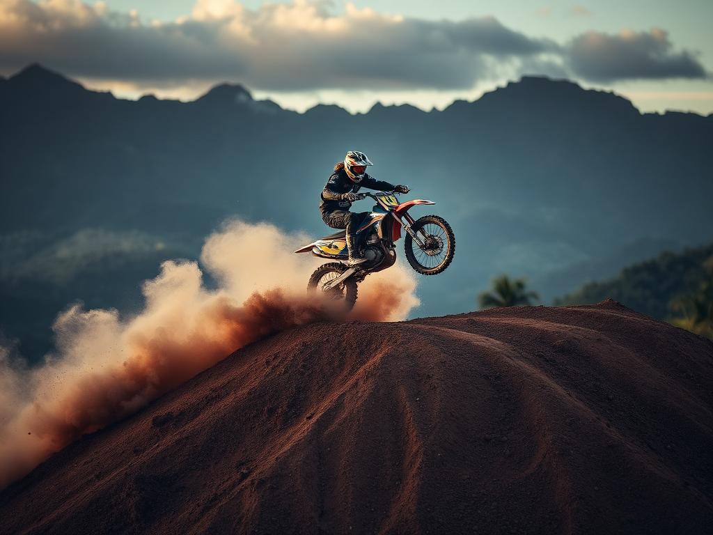 Piloto de motocross saltando con montañas al fondo