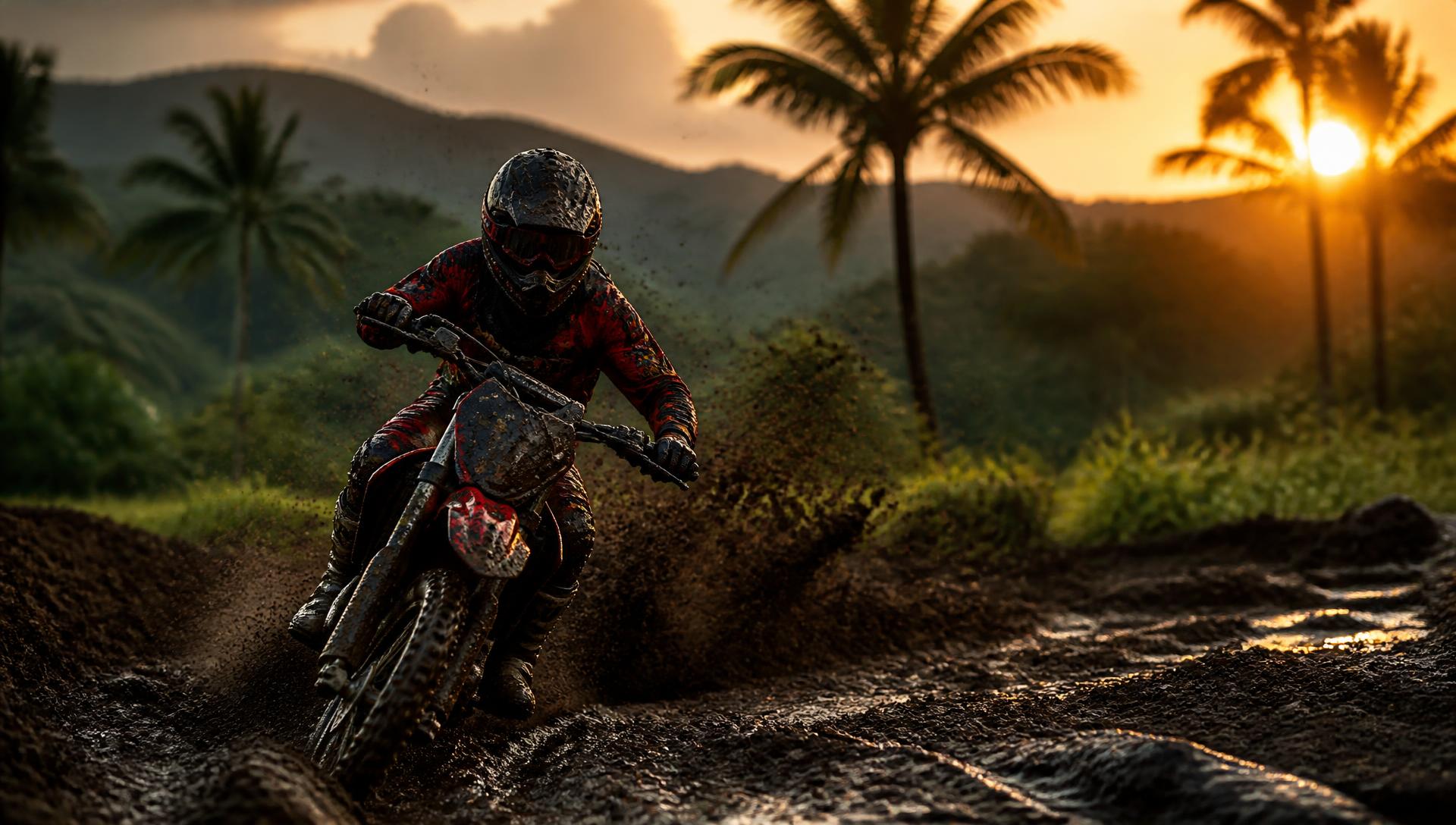 Piloto de motocross recorriendo terreno tropical en República Dominicana