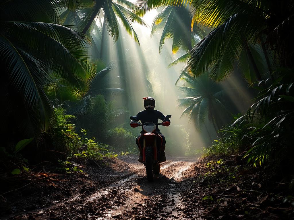 Piloto recorriendo un sendero de selva con vegetación tropical